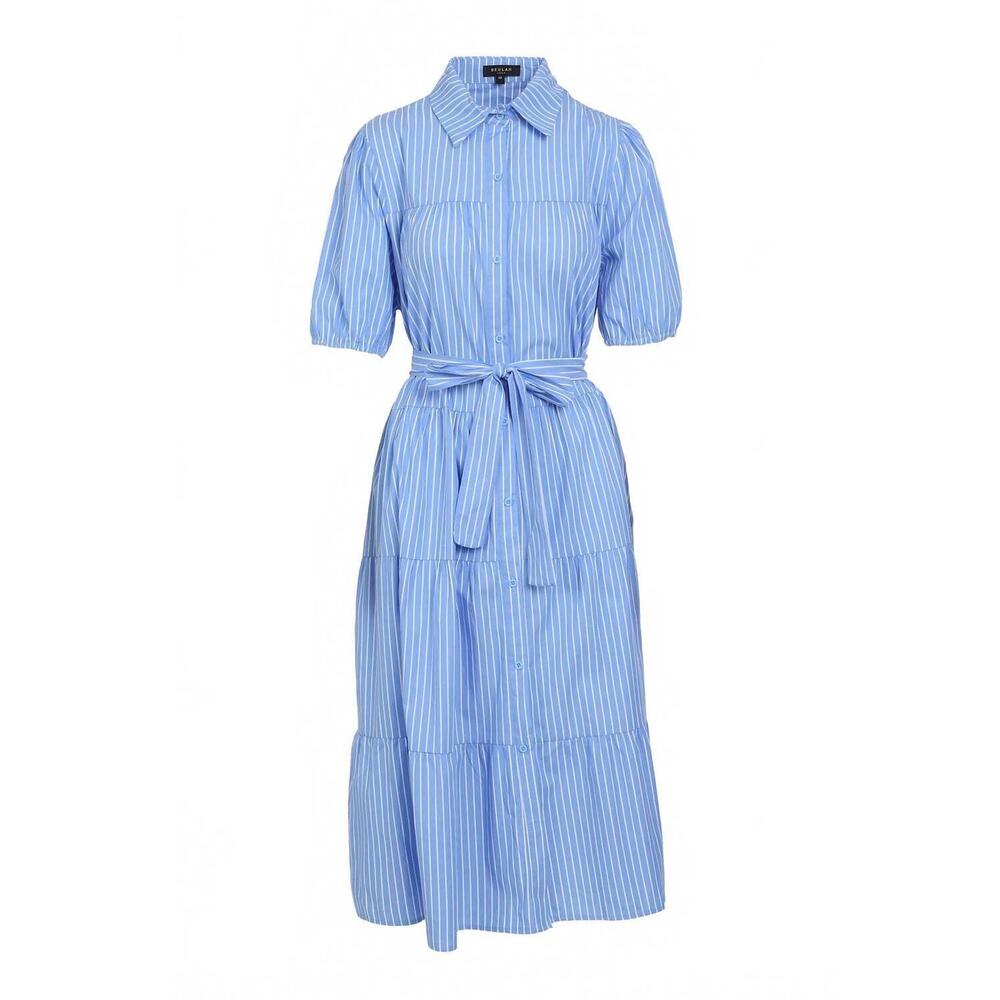 NEW BEULAHSTYLE women's stripe pattern tiered hem belted maxi dress in blue